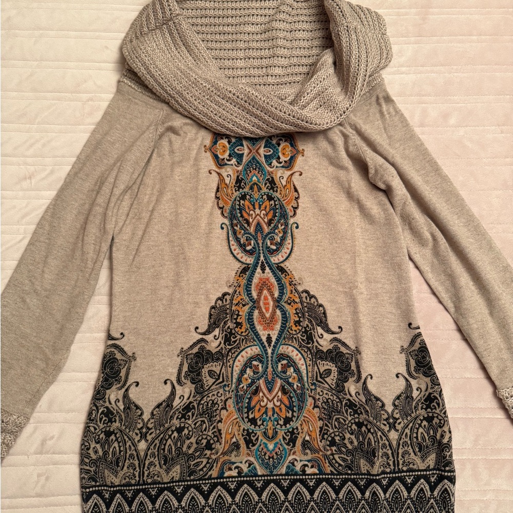 Cache Beige and Black Patterned Cowl Neck Sweater
